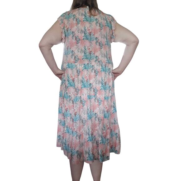 Stitch by Chenault Size XXL Coral Reef Print Tiered Midi Dress Boho Fairy Beach - Picture 4 of 10